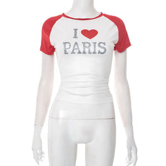 Crewneck short sleeve letter pattern contrast top