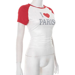 Crewneck short sleeve letter pattern contrast top