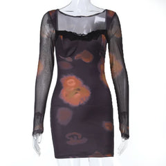 Long sleeve lace hem print v neck mini dress