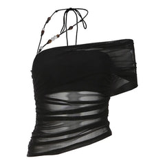 Irregular halter beaded mesh top