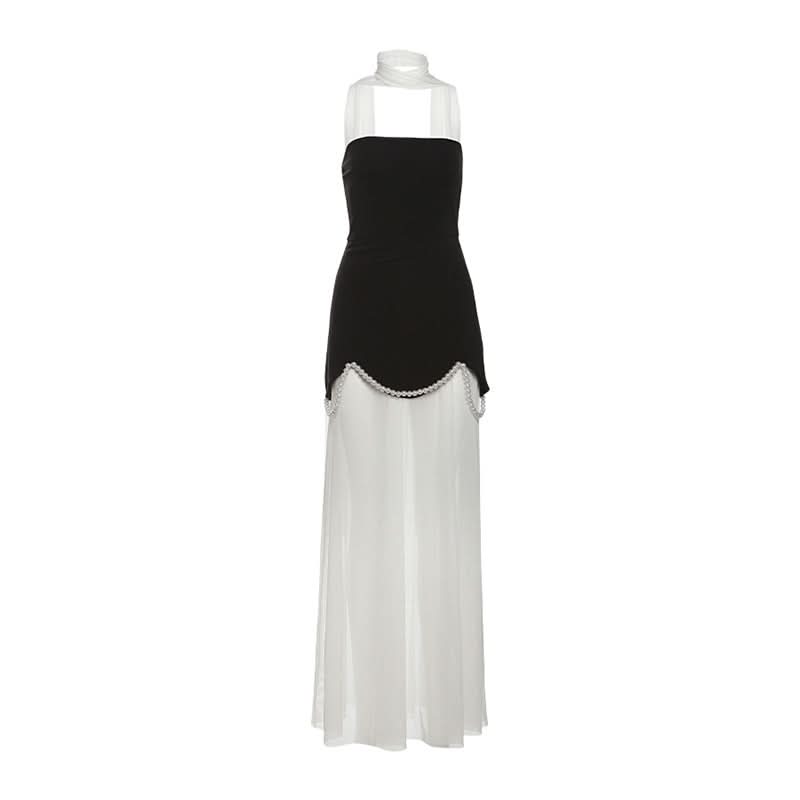Beaded mesh patchwork tube maxi dress