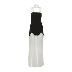 Beaded mesh patchwork tube maxi dress