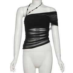 Irregular halter beaded mesh top
