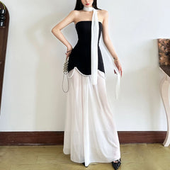 Beaded mesh patchwork tube maxi dress
