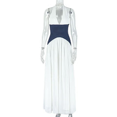 Halter v neck button mesh maxi dress