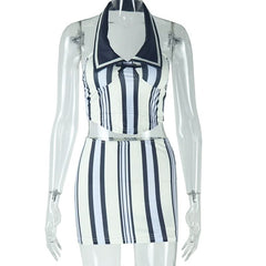 Striped print halter padded bowknot mini skirt set