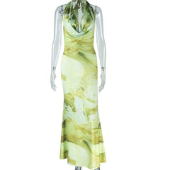 Halter cowl neck contrast backless maxi dress