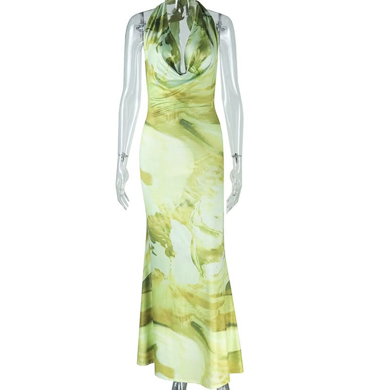 Halter cowl neck contrast backless maxi dress