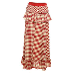 Plaid ruffle high slit button maxi skirt