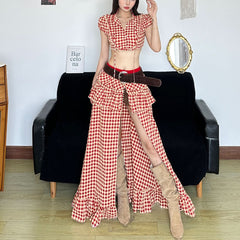 Plaid ruffle high slit button maxi skirt