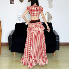 Plaid button short sleeve crop top