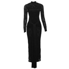 Long sleeve knotted backless lace maxi dress