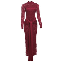 Long sleeve knotted backless lace maxi dress