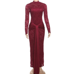Long sleeve knotted backless lace maxi dress