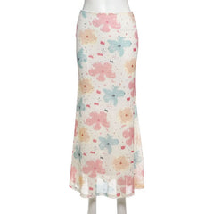 Mesh flower print maxi skirt
