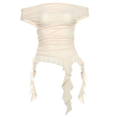Off shoulder mesh irregular top