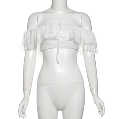 Off shoulder ruffle mesh crop top
