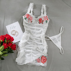 Flower embroidery lace hem ruffle mesh mini dress