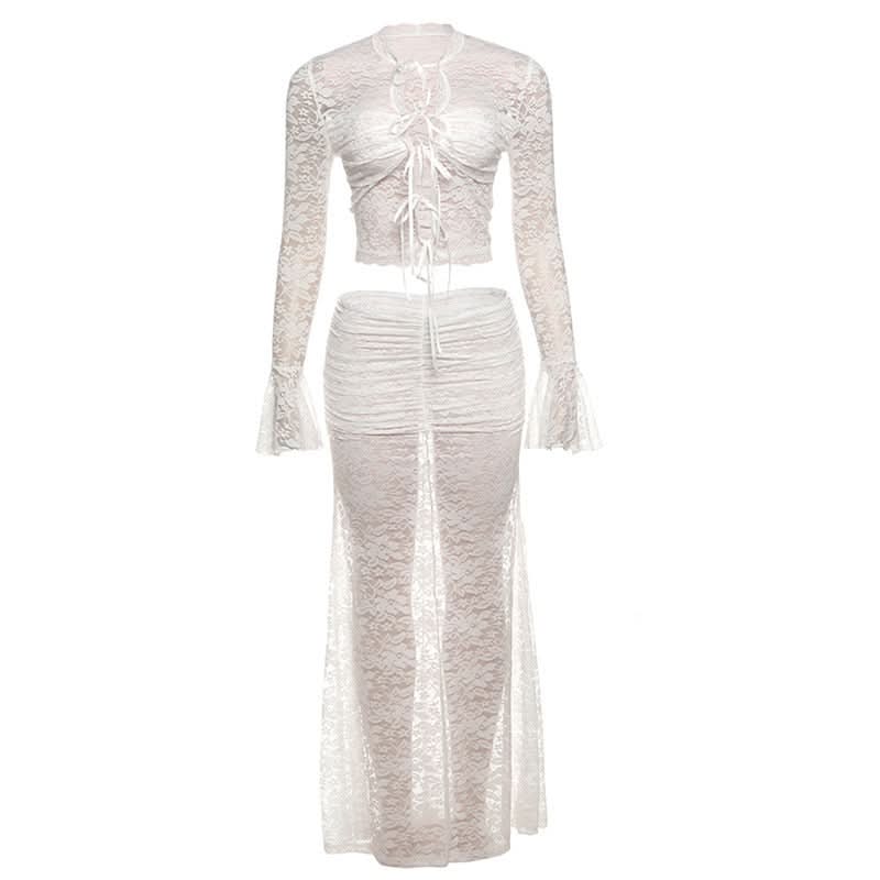 Long flared ruched self tie lace see through maxi skirt set