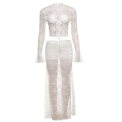 Long flared ruched self tie lace see through maxi skirt set