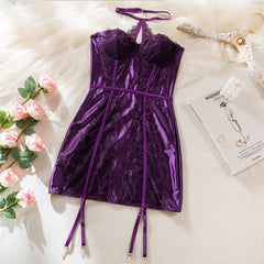 Halter sweetheart neck lace patchwork mini dress