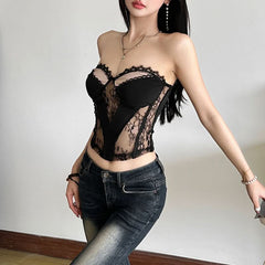 Sweetheart neck lace patchwork top
