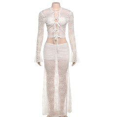 Long flared ruched self tie lace see through maxi skirt set