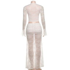 Long flared ruched self tie lace see through maxi skirt set