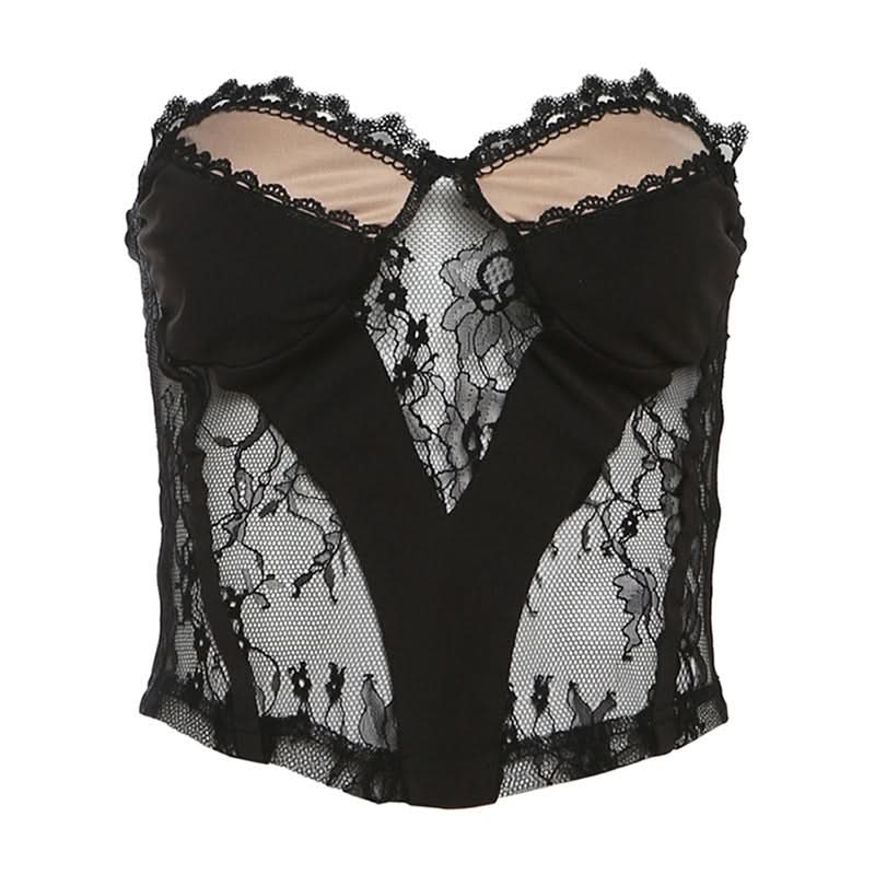 Sweetheart neck lace patchwork top