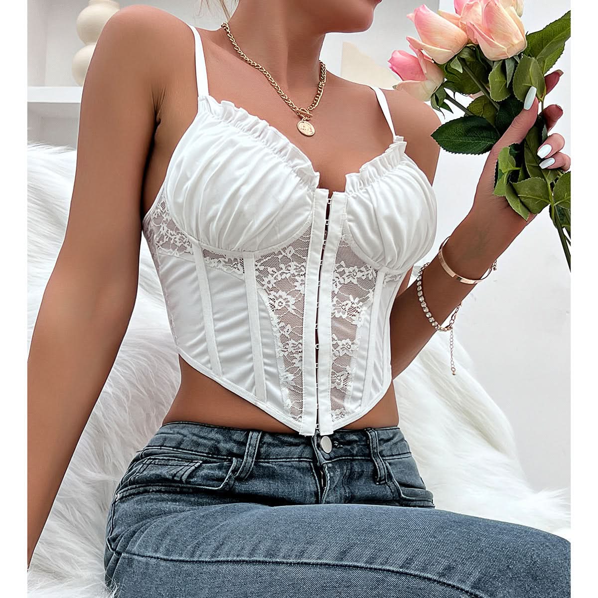 Ruffle corset ruched lace v neck cami top