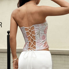 Lace up flower print corset tube top