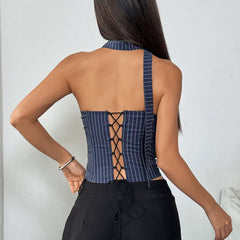 Striped ruched lace up sweetheart neck tube top