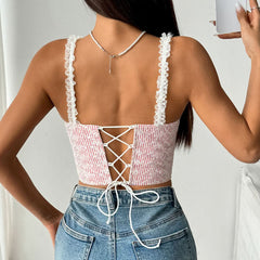 Lace hem v neck bowknot lace up striped cami top