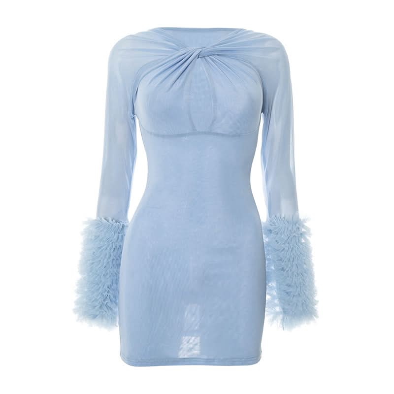 Long sleeve ruffle hollow out mesh cut out mini dress