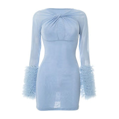Long sleeve ruffle hollow out mesh cut out mini dress