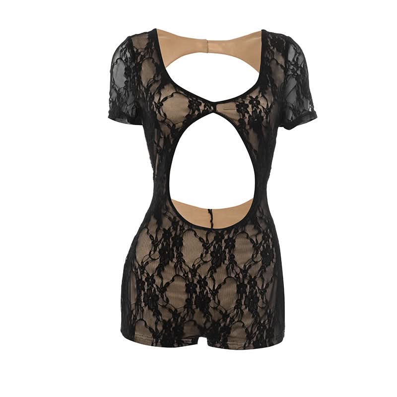 Short sleeve hollow out u neck lace romper