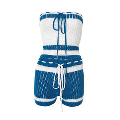 Self tie hollow out striped medium rise tube pant set