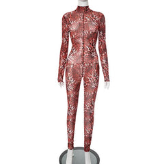 Leopard print long sleeve high neck mesh jumpsuit