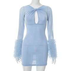 Long sleeve ruffle hollow out mesh cut out mini dress