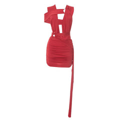 Ruched hollow out irregular o ring cut out mini dress
