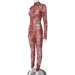 Leopard print long sleeve high neck mesh jumpsuit