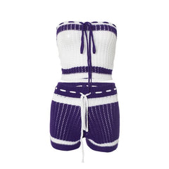 Self tie hollow out striped medium rise tube pant set