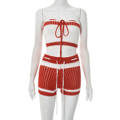 Self tie hollow out striped medium rise tube pant set