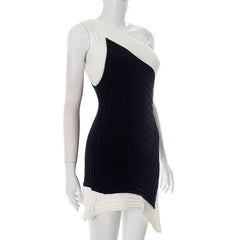 One shoulder irregular slit contrast mini dress