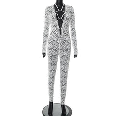Hollow out o ring lace long sleeve self tie jumpsuit