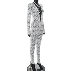 Hollow out o ring lace long sleeve self tie jumpsuit