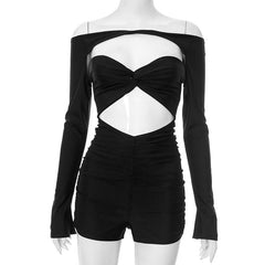Long sleeve hollow out ruched off shoulder romper