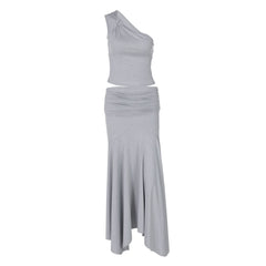 Irregular one shoulder ruched maxi skirt set