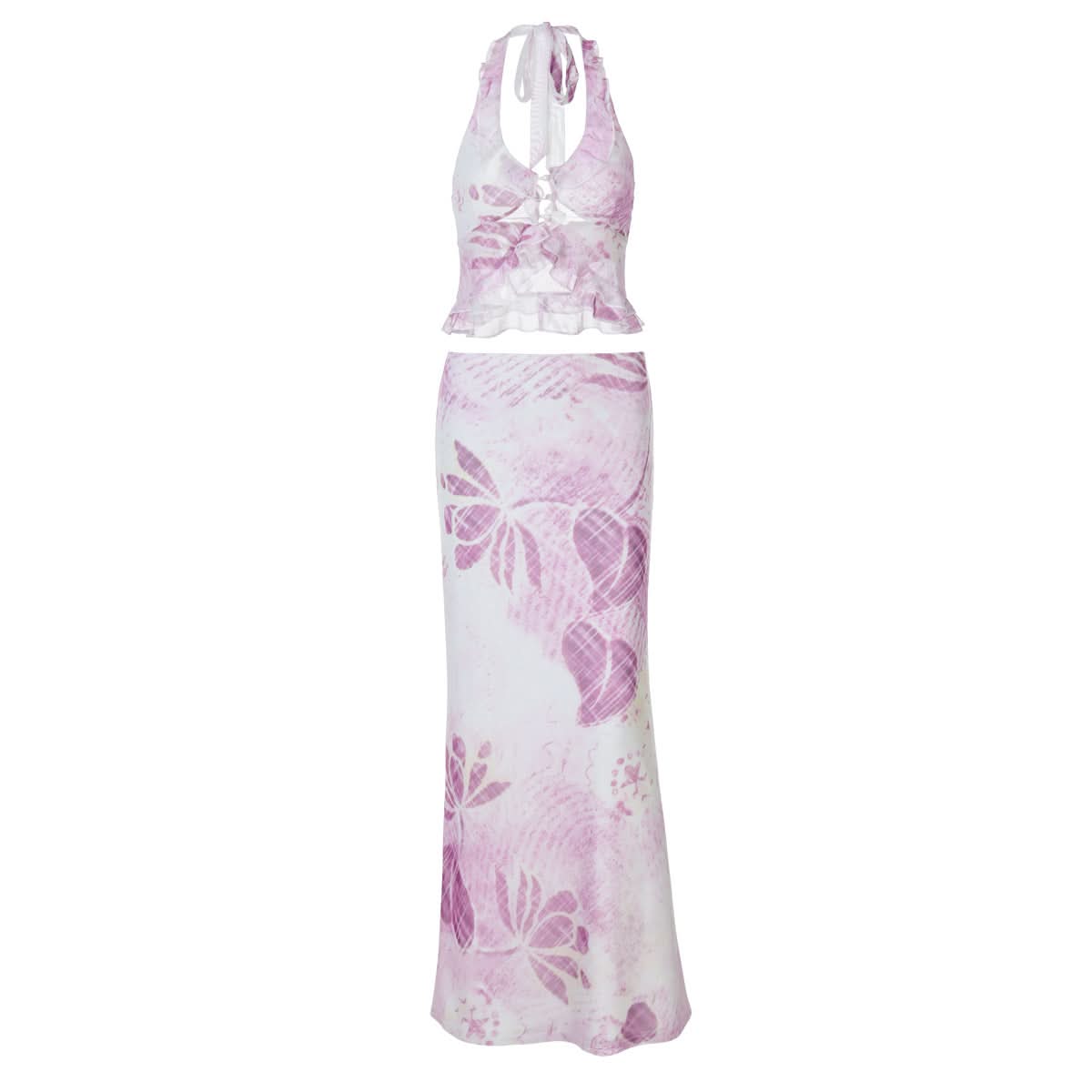 Ruffle halter v neck print mesh maxi skirt set