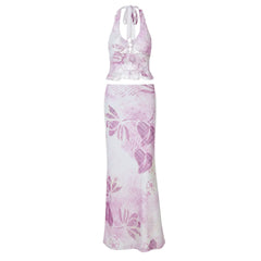 Ruffle halter v neck print mesh maxi skirt set